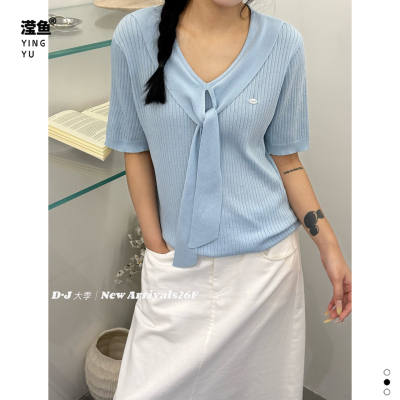 大季8572大码V领绑带针织衫女