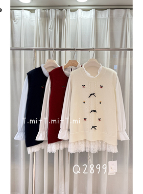 Tmi q2899大码学院风蝴蝶结叠穿套装针织马甲秋冬蕾丝慵懒风上衣