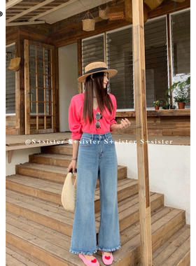 S+ 18837大码高腰阔腿微喇裤花边显瘦显高蓝色休闲时尚百搭牛仔裤