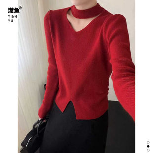 时尚 佐纳 显瘦套头打底衫 秋冬镂空挂脖半高领针织衫 上衣 5399大码