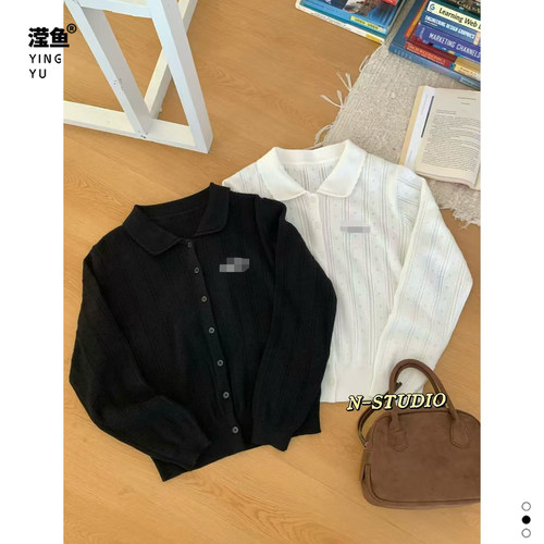 NM735大码POLO领镂空针织开衫女