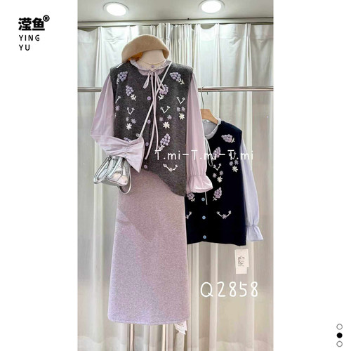 Tmiq2858大码复古针织马甲套装