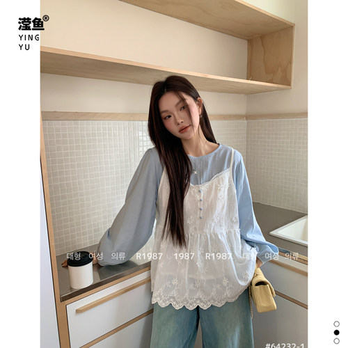 198764232大码蕾丝拼接上衣女