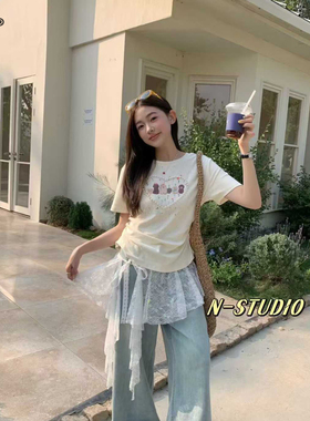 N F5034大码韩系卡通印花T恤女夏季纯色短袖小个子显瘦气质上衣