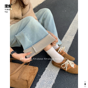 女宽松显瘦高腰百搭直筒裤 秋冬加绒宽腿加厚牛仔裤 W1522大码