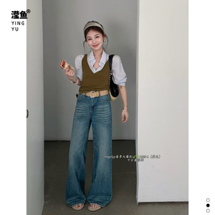 女蓝色百搭显瘦慵懒风直筒裤 复古高腰阔腿牛仔裤 1大码 9625