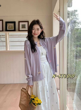 N m652大码温柔韩系风纯色蝴蝶结针织开衫女彩色春季新款长袖外套