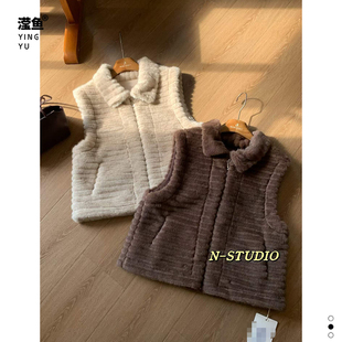 N F6547大码小翻领马甲女秋冬皮毛一体拉链背心环保毛毛绒外套