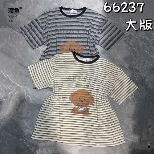 X266237大码卡通条纹短袖T恤女