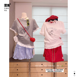 T恤夏季 甜美蕾丝拼接短袖 宽松显瘦收腰上衣休闲 YD63125大码 油菜