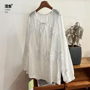 法式 油菜 系带宽松衬衫 C2523秋季 超好看女超薄上衣 刺绣花朵长袖