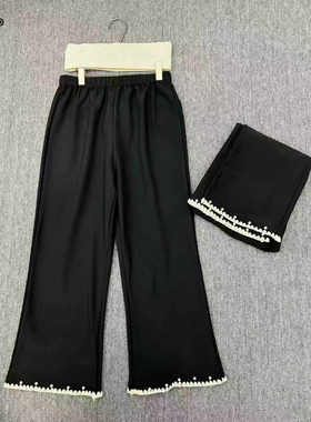 麦希 1631大码秋冬高腰重工加绒微喇裤针织重工蕾丝拼接休闲长裤