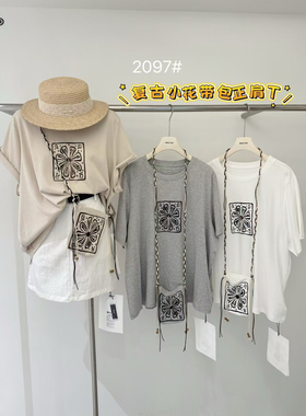 沐熙 52097大码复古印花短袖T恤女夏季韩版宽松休闲气质上衣百搭