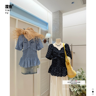 油菜 YK5103大码韩版碎花泡泡袖V领上衣女夏甜美温柔时尚百搭小衫