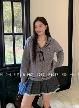 19873670大码蝴蝶结针织开衫女