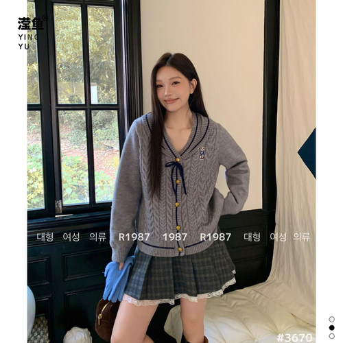 19873670大码蝴蝶结针织开衫女