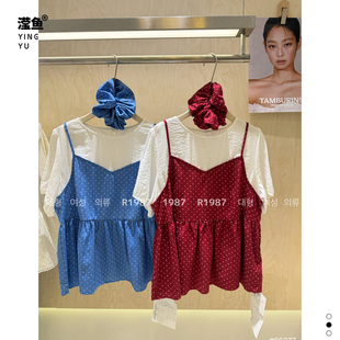R1987 66277大码波点吊带假两件套女夏季圆领A字裙中长款通勤套装