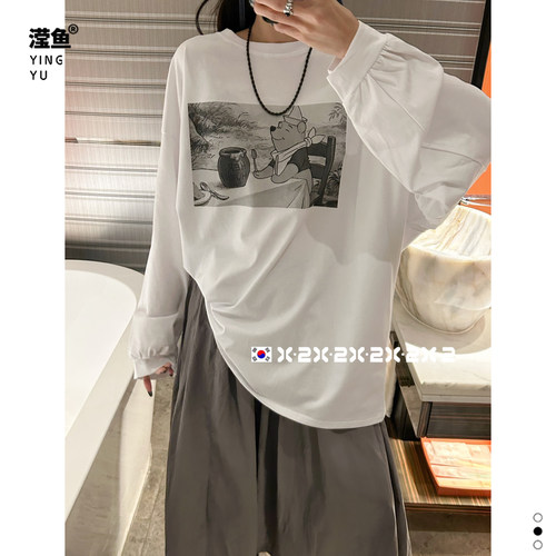X27182大码复古印花长袖T恤女