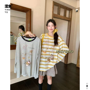 N W4496大码复古条纹长袖T恤女宽松显瘦圆领条纹上衣休闲时尚百搭