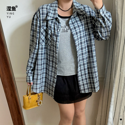 大码女装春季格子吊带衬衫女