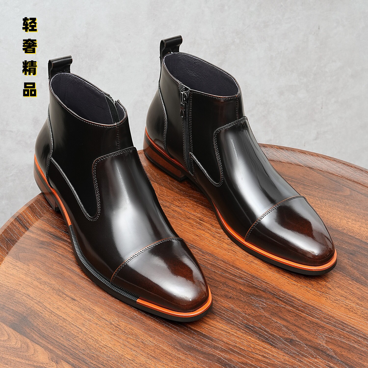 亮面切尔西靴男款2025新款尖头拉链大码三接头男靴真皮英伦马丁靴