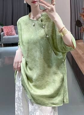 中式改良仿真丝脏染提花仿桑蚕丝衬衫女夏汉元素国风宽松斜襟