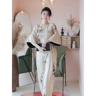 高级感新中式国风印花喇叭袖长款收腰连衣裙新款女气质名媛风