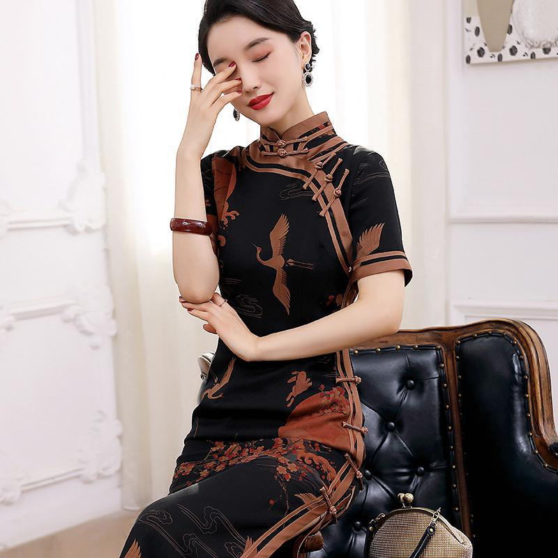 新款端庄中式风仿真丝唐装旗袍