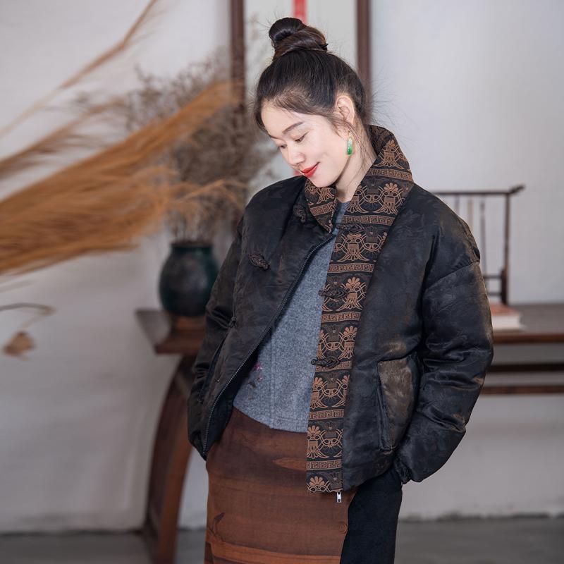 女士新款冬季加厚提花夹棉上衣民族风中式短款棉服外套