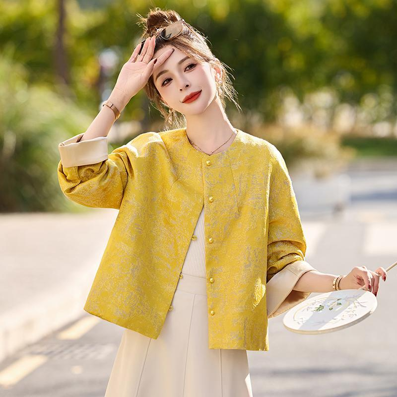 高级感黄色新中式提花圆领外套女春秋季新款复古优雅唐装上衣