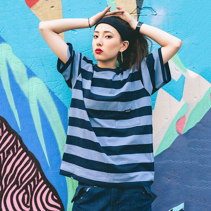 愚人 WASSUP 基礎款條紋短袖海魂衫圓領口袋T恤復古拼接撞色男女