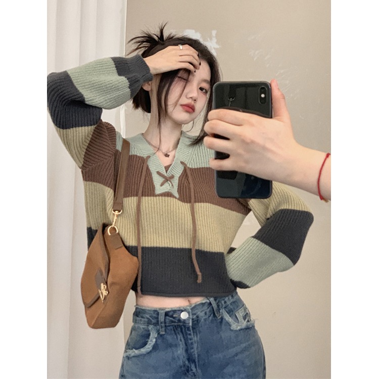 2025秋冬新款条纹撞色系带针织毛衣女设计感V领短款长袖针织上衣