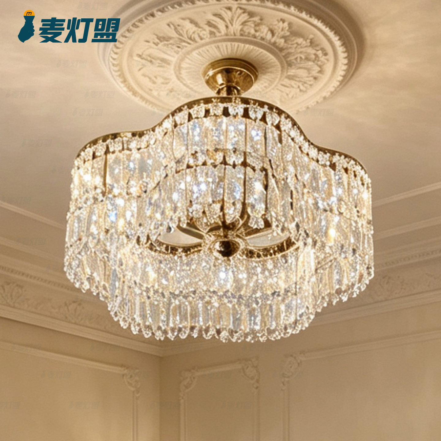 法式轻奢水晶风扇灯客厅餐厅卧室摇头不锈钢变频静音家用风扇吊灯