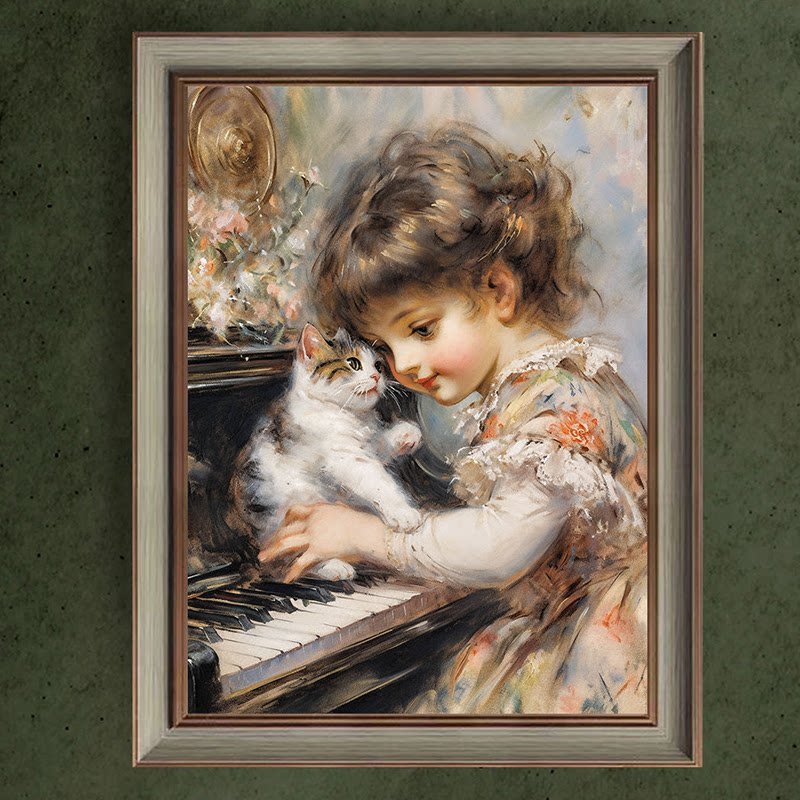 新款印花正品DMC十字绣客厅卧室儿童房玄关竖版人物钢琴女孩猫咪2