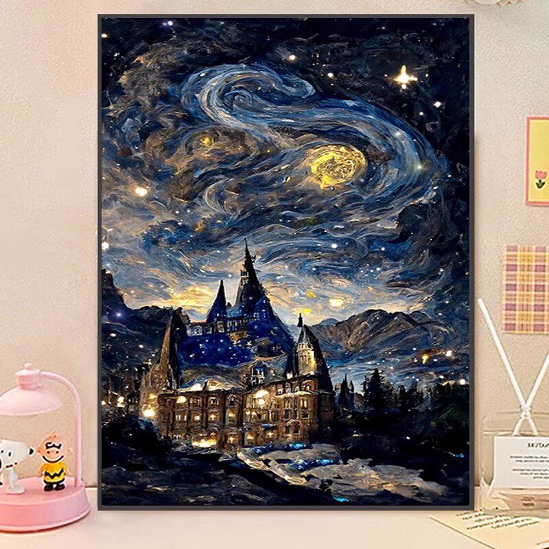 新款正品DMC十字绣线绣客厅卧室餐厅玄关竖版风景画梵高星空城堡