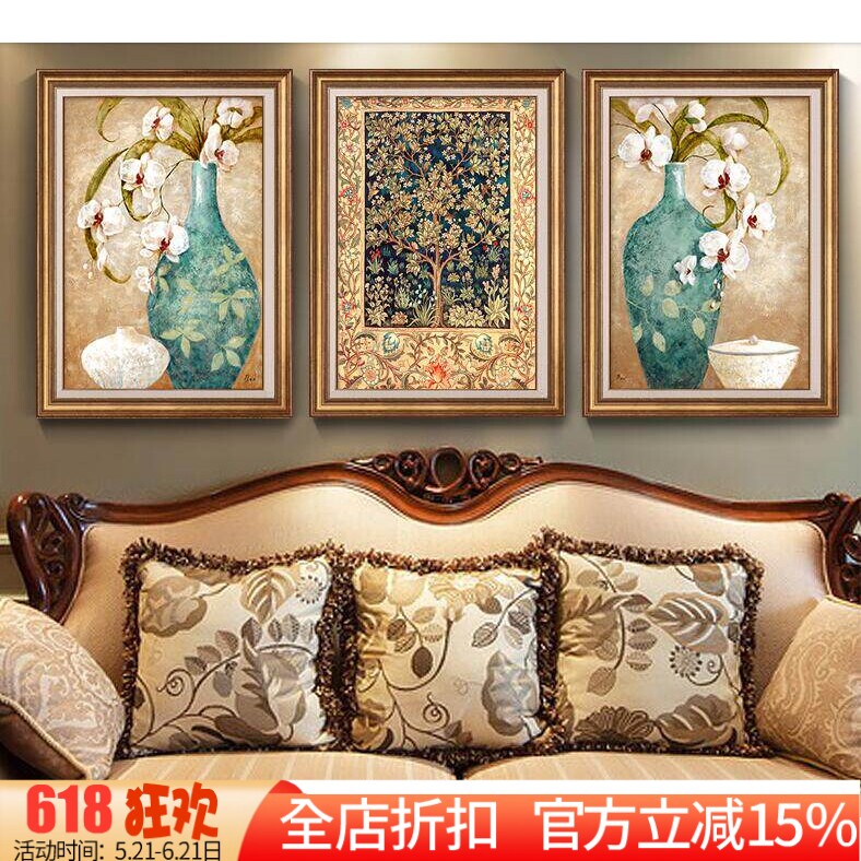 精准印花新款DMC十字绣客厅卧室三联画欧式风景画 富贵花瓶发财树
