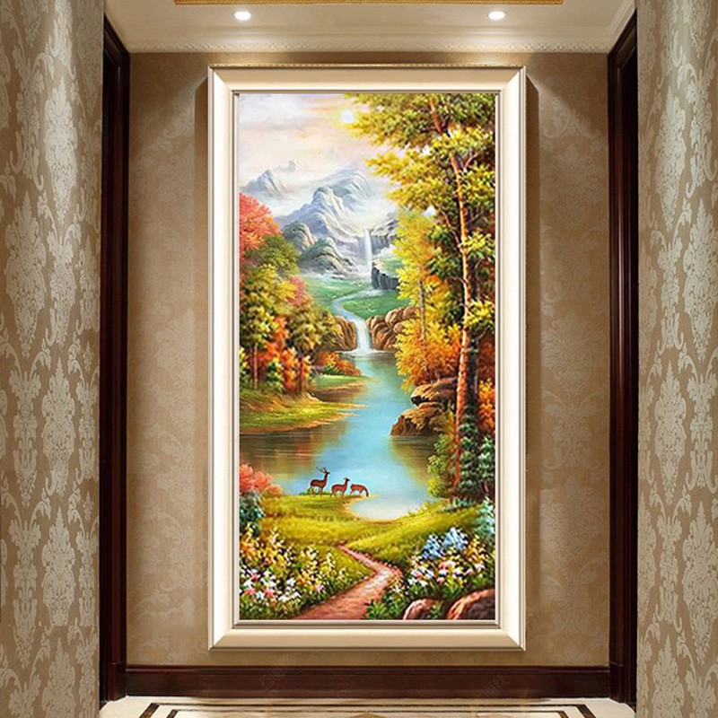 新款印花正品DMC十字绣纯棉线绣客厅玄关竖版简约风景画流水生财