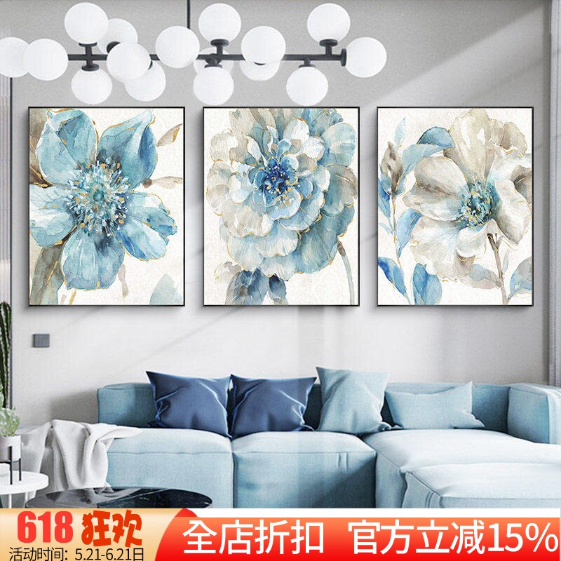 印花新款正品DMC十字绣客厅餐厅简约沙发背景三联画美式蓝色花卉