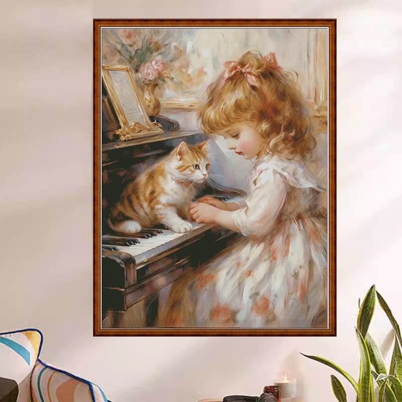 新款印花正品DMC十字绣客厅卧室儿童房玄关竖版人物 钢琴女孩猫咪