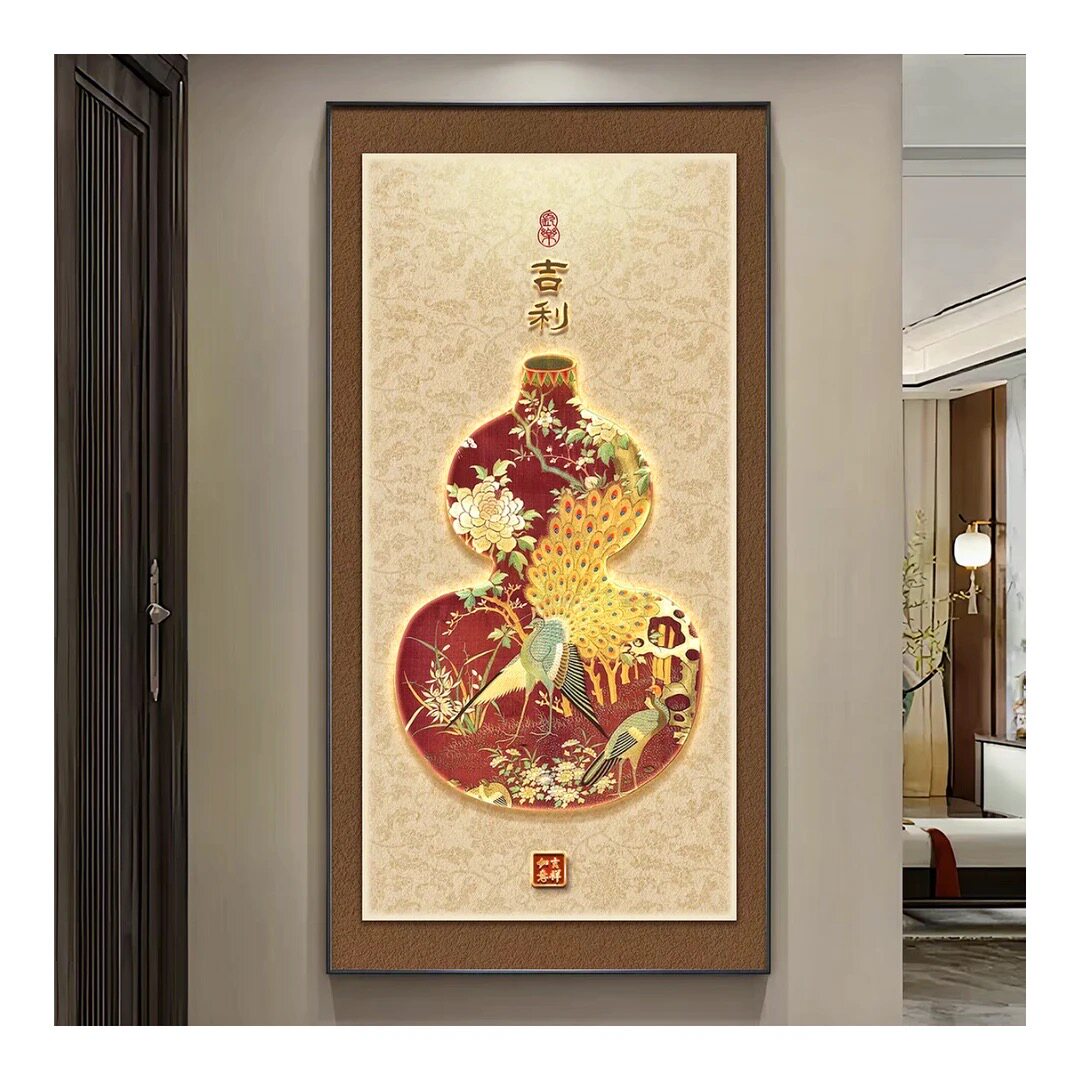 新款印花正品DMC十字绣客厅走廊过道玄关竖版 富贵孔雀喜鹊福禄图