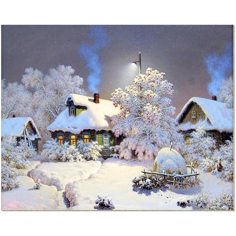 印花正品DMC十字绣客厅餐厅玄关欧式风景油画 冬季雪景雪中小屋