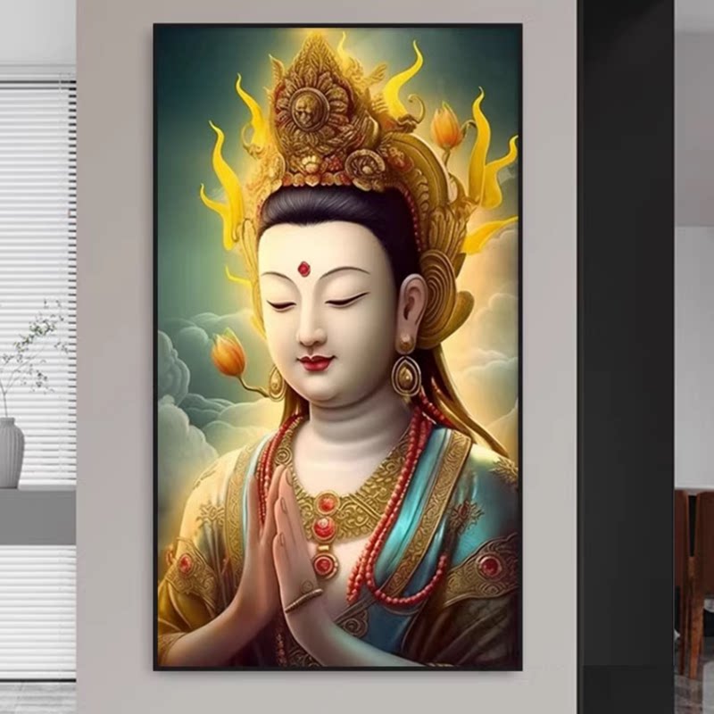 新款正品DMC十字绣手工线绣观音佛像客厅玄关竖版中堂挂画佛祖