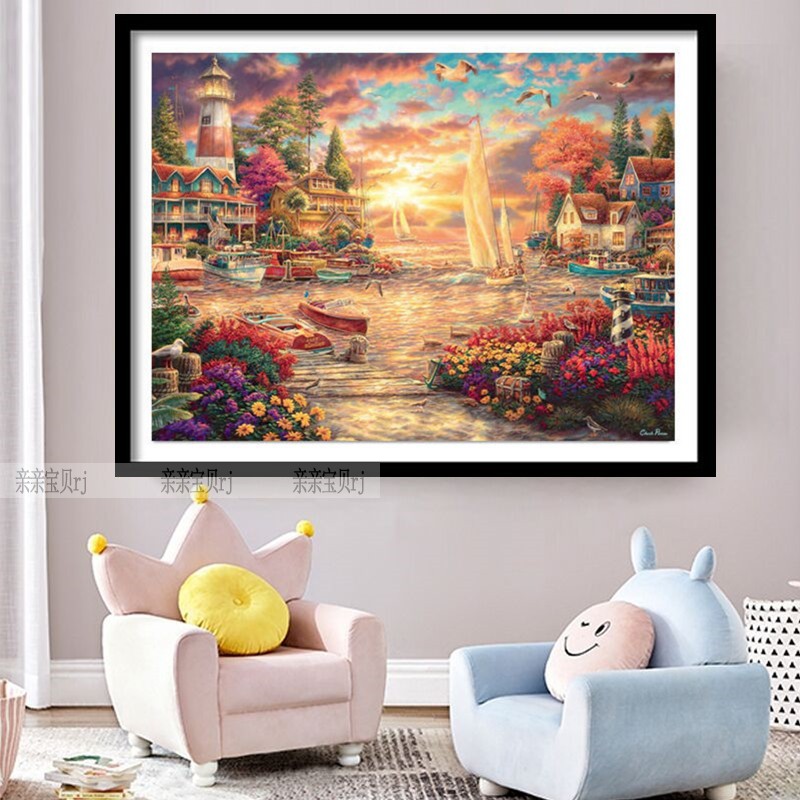新款印花正品DMC十字绣客厅卧室玄关现代简约风景画海边小镇