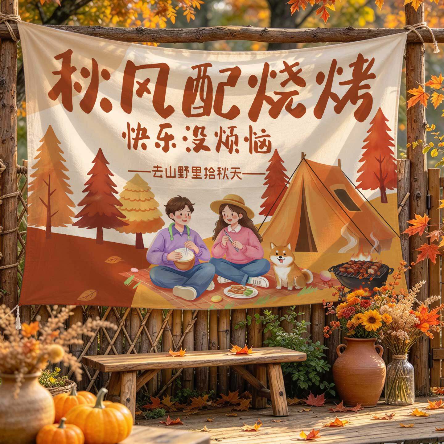 秋日户外露营烧烤氛围挂布