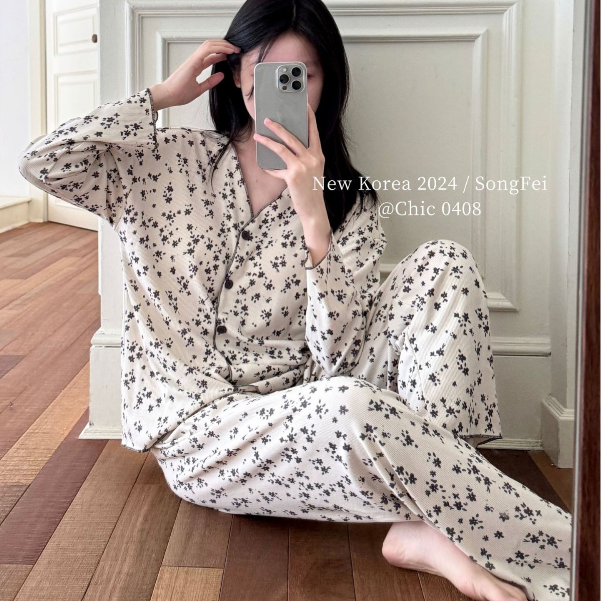 小碎花印花长袖V领睡衣女 带罩杯免bra家居服套装秋冬加厚磨毛