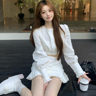 韩系温柔千金白色短款长袖衬衫上衣女春季高级感半身短裙两件套女