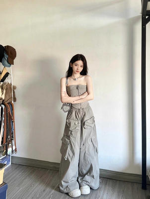美式辣妹抹胸上衣阔腿裤两件套