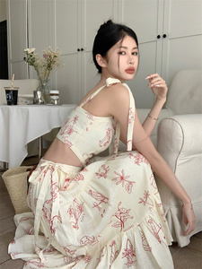 甜辣妹复古套装女印花吊带背心女夏季高腰显瘦半身裙长裙子两件套