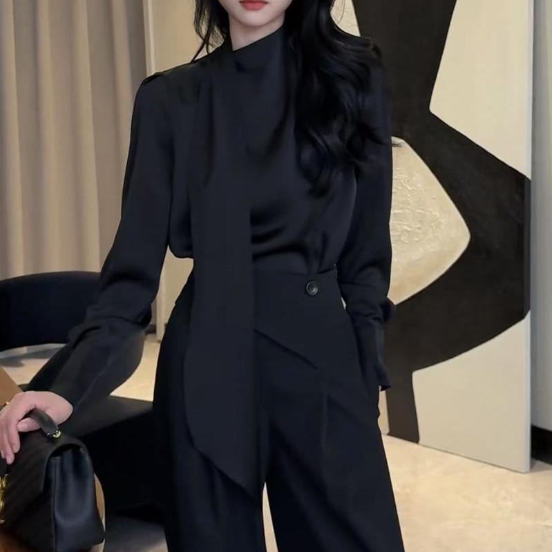 法式高级感时尚飘带长袖衬衫上衣女春季新款显瘦阔腿裤两件套装女