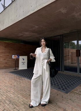 白色气质polo领衬衫上衣女春季休闲阔腿裤长裤子松弛感两件套装女